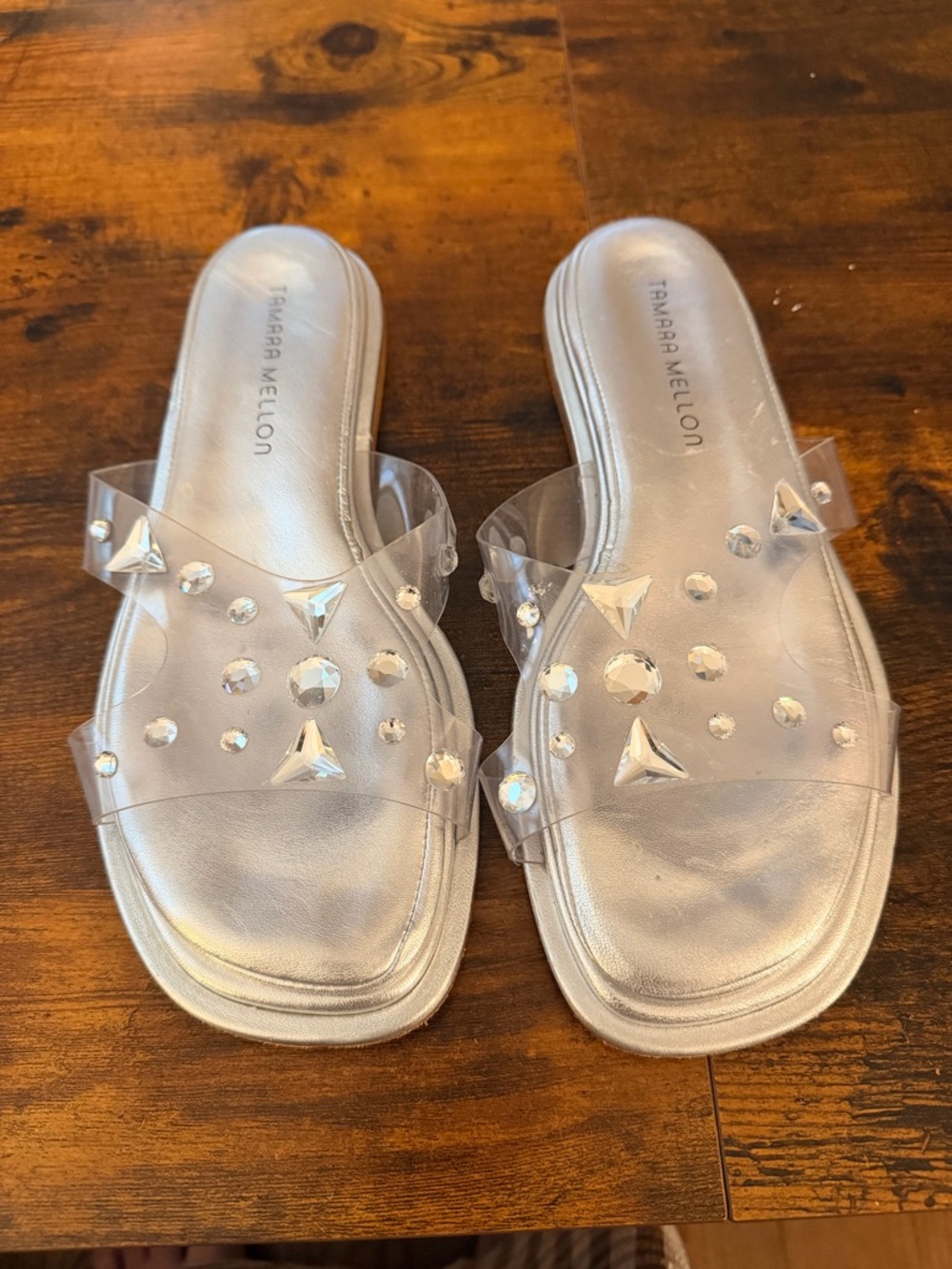 Tamara Mellon Sandals Size 38 Silver Clear Strap Rhinestone Slides